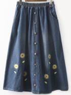 Romwe Buttoned Front Flower Embroidered Blue Denim Skirt