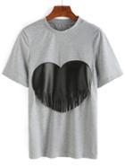 Romwe Grey Contrast Heart Fringe T-shirt