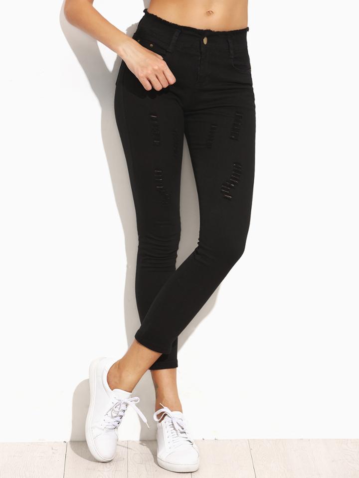 Romwe Black Ripped Frayed Waist Skinny Jeans