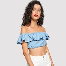 Romwe Flounce Foldover Shirred Panel Crop Bardot Top