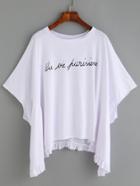 Romwe White Letter Print Ruffle Trim Batwing T-shirt