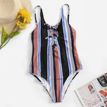 Romwe Lace-up Front Striped One Piece Swimwear