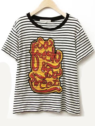 Romwe Graffiti Print Striped Loose T-shirt