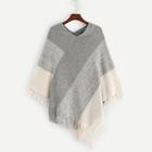 Romwe Fringe Trim Color Block Poncho Sweater