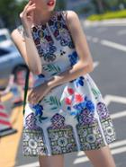 Romwe Multicolor Sleeveless Jacquard Flare Print Dress