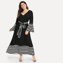 Romwe Plus Striped Panel Flounce Sleeve Dress