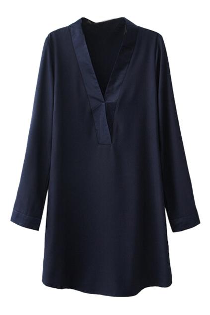 Romwe Romwe V-neck Long Sleeves Loose Dark-blue Dress