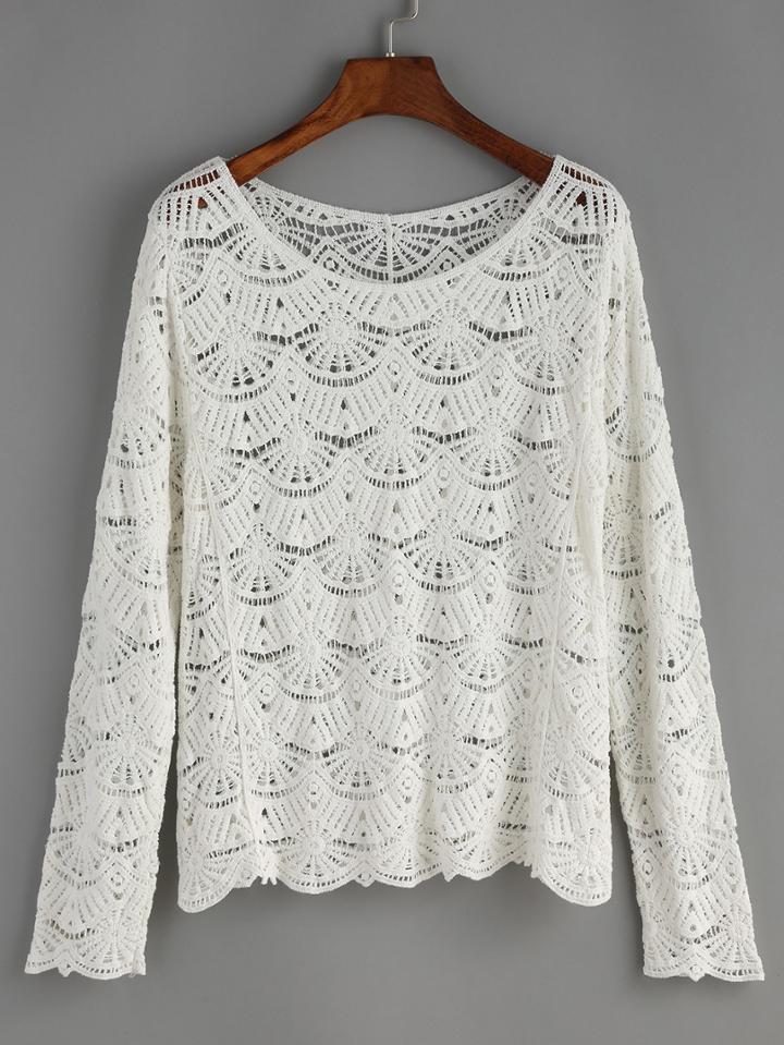 Romwe White Scallop Crochet Hollow Blouse
