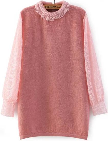 Romwe Contrast Lace Loose Knit Pink Sweater