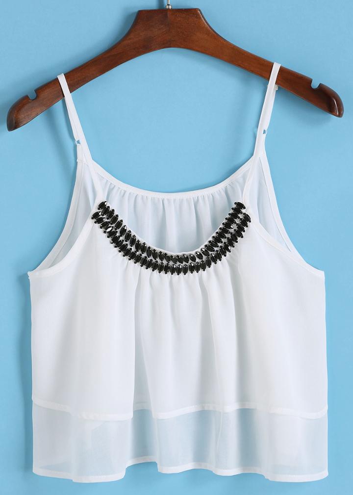 Romwe Spaghetti Strap With Bead White Cami Top
