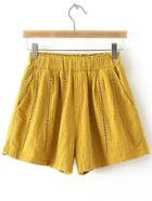 Romwe Yellow Pockets Elastic Waist Hollow Embroidery Shorts