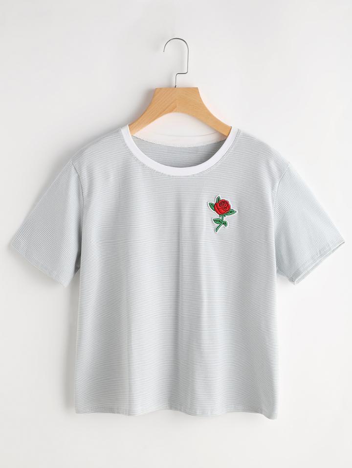 Romwe Pinstriped Rose Patch Ringer Tee