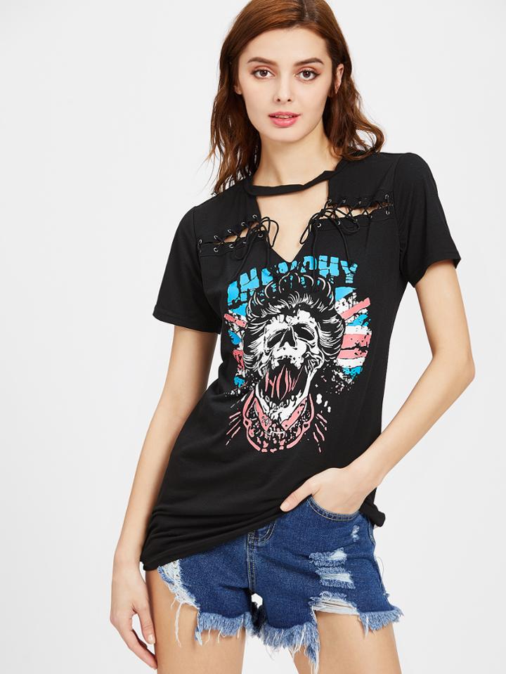 Romwe Graphic V Cut Choker Neck Eyelet Lace Up Long Tee