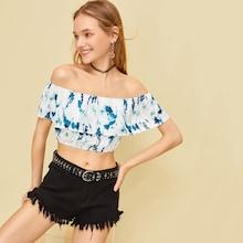 Romwe Tie Dye Ruffle Trim Crop Blouse