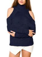 Romwe High Neck Cold Shoulder Navy Sweater