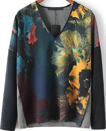 Romwe V Neck Navy Floral Print Blouse