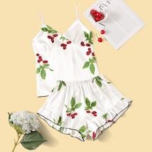 Romwe Cherry Print Ruffle Hem Satin Cami Pj Set