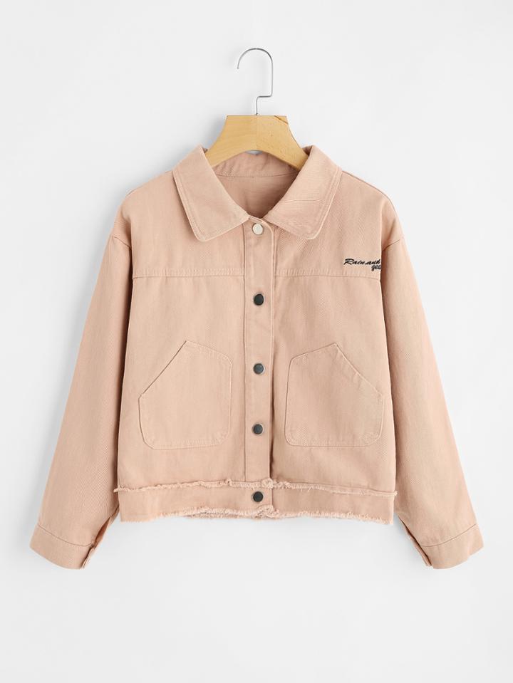 Romwe Slogan Embroidered Raw Edge Denim Jacket