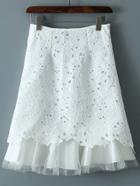 Romwe White Empire Waist Tulle Splicing Hollow Crochet Lace Skirt