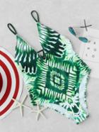 Romwe Green Printed Cutout Detail V Neck One-piece Swimwear