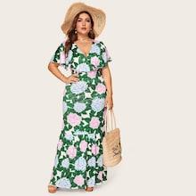 Romwe Plus Floral Print Surplice Front Ruffle Dress
