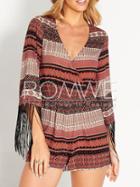 Romwe Folk Print Fringe Cuff Playsuit