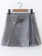 Romwe Grey Pleated A Line Suede Skirt With Buckle