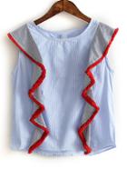 Romwe Blue Cap Sleeve Stripe Asymmetric Blouse