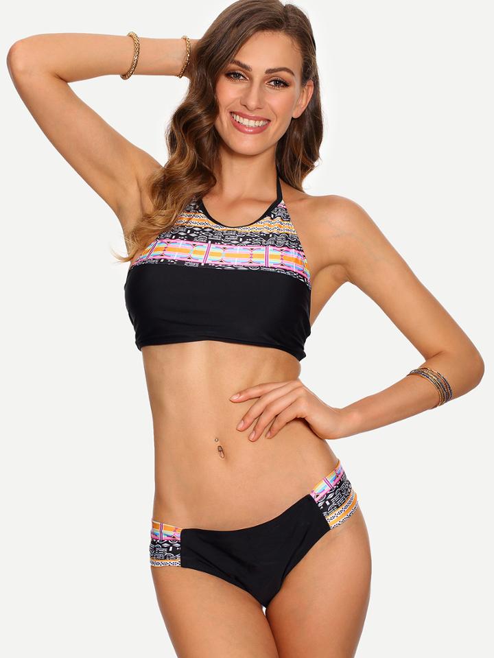 Romwe Tribal Print Halter Neck Bikini Set - Black