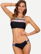 Romwe Tribal Print Halter Neck Bikini Set - Black