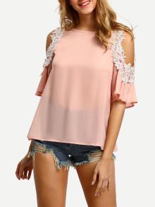 Romwe Contrast Crochet Trim Cold Shoulder Blouse