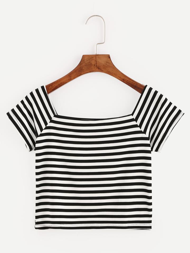 Romwe Black White Striped Square Neck Crop T-shirt