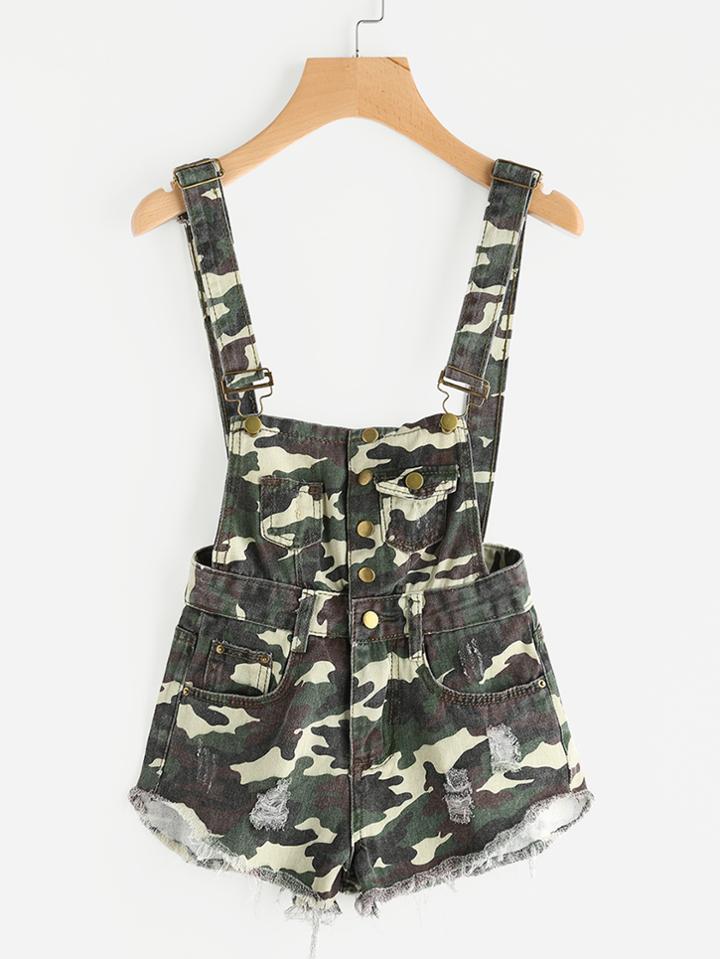 Romwe Camo Print Destroyed Fray Hem Denim Dungaree Shorts