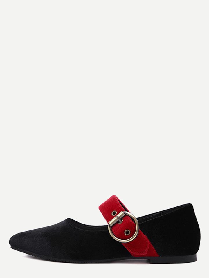Romwe Black Buckled Strap Velvet Ballet Shoes