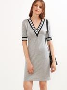 Romwe Grey Striped Trim V Neck Sheath Dress