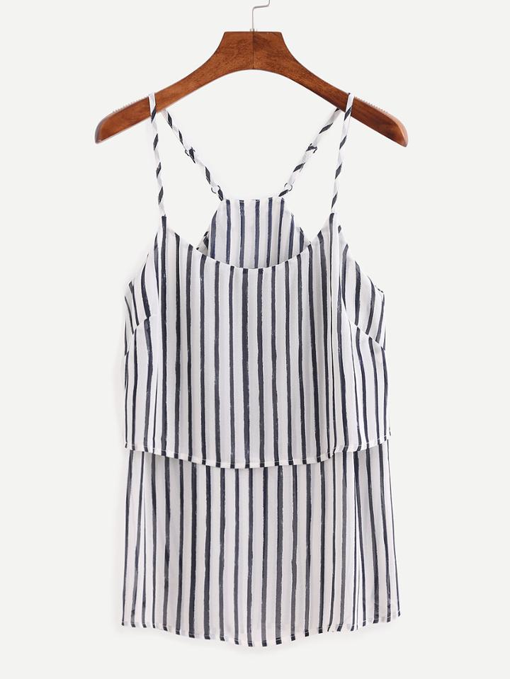 Romwe Layered Navy Vertical Striped Chiffon Cami Top