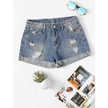 Romwe Roll-up Ripped Denim Shorts