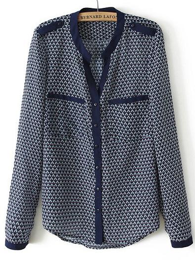 Romwe Stand Collar Pockets Blue Blouse