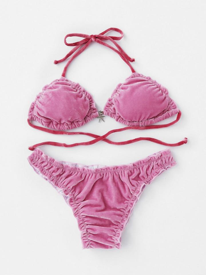 Romwe Lettuce Edge Velvet Bikini Set