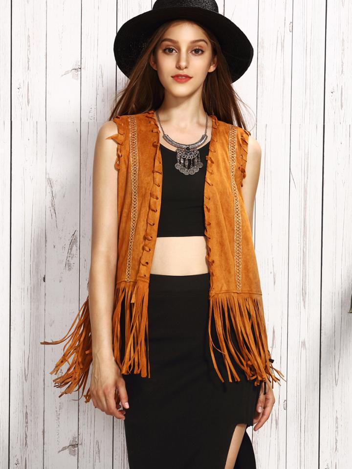 Romwe Camel Faux Suede Lace Trim Whipstitch Fringe Vest
