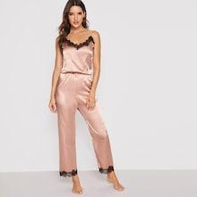 Romwe Lace Trim Satin Cami Jumpsuit