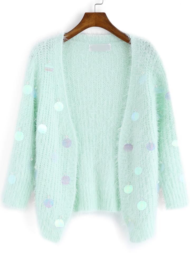 Romwe Long Sleeve Sequined Fuzzy Green Coat