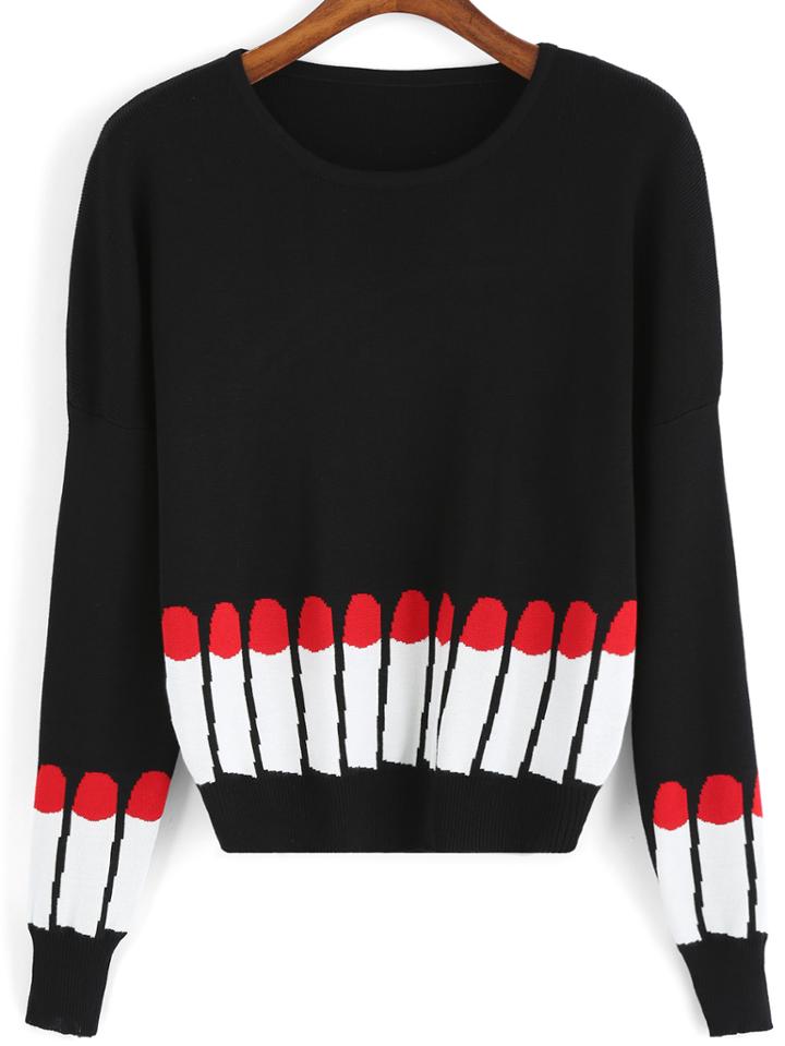Romwe Round Neck Lipstick Pattern Sweater