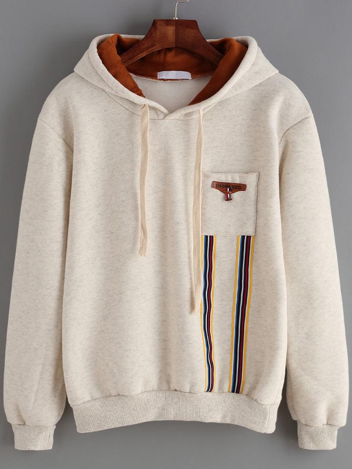 Romwe Hooded Drawstring Vertical Striped Thicken Sweatshirt With Pocket