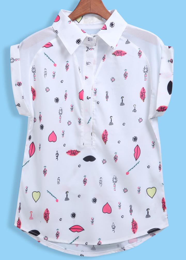 Romwe Lapel Cuffed Lips Print Chiffon Blouse