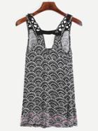 Romwe Black Scallop Print Cutout Lattice Strap Tank Top