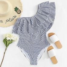 Romwe Layered Flounce Striped One Shoulder One Piece Swimsuit