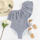 Romwe Layered Flounce Striped One Shoulder One Piece Swimsuit