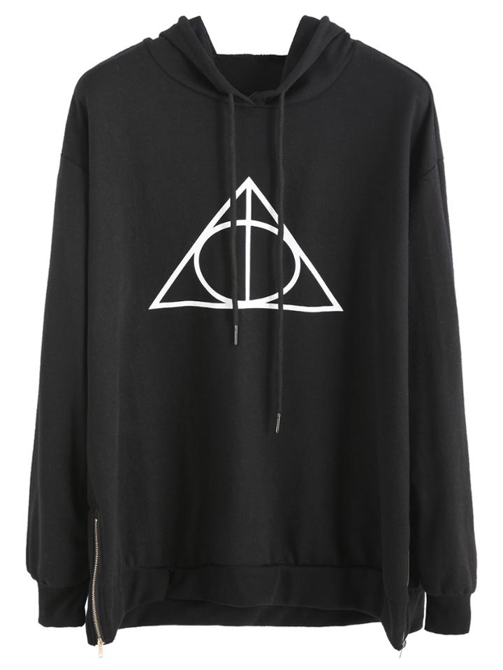 Romwe Black Geo Print Zip Side Hooded Sweatshirt