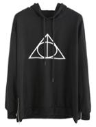 Romwe Black Geo Print Zip Side Hooded Sweatshirt